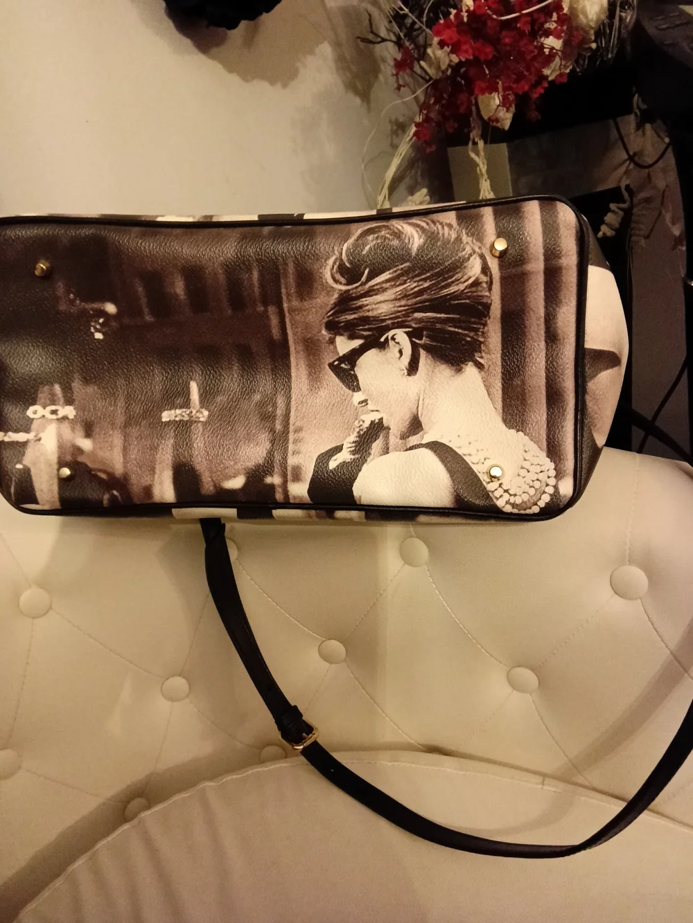 Vtg. Bagghy Leather-Trim Printed Audrey Hepburn Tote